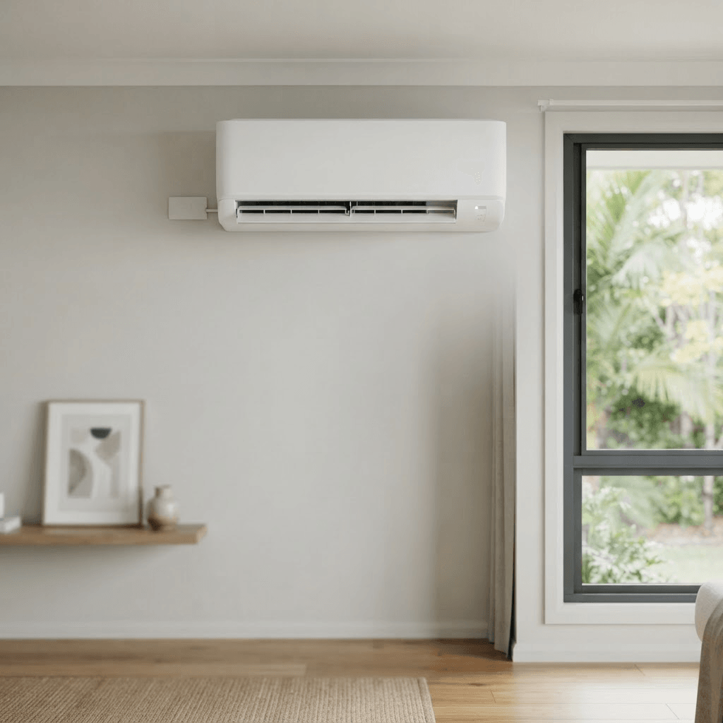 Illustrative view of a professionally installed wall-mounted split-system air conditioner in a bright living room